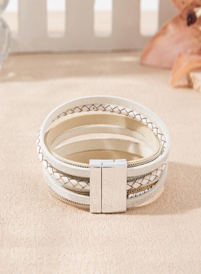 Rantanto Boho Braided Leather Wrap Bracelet Trendy Layered Cuff Bracelets Bohemian Stackable Fashion Bracelet Jewelry For Women (Boho White) - Image 5